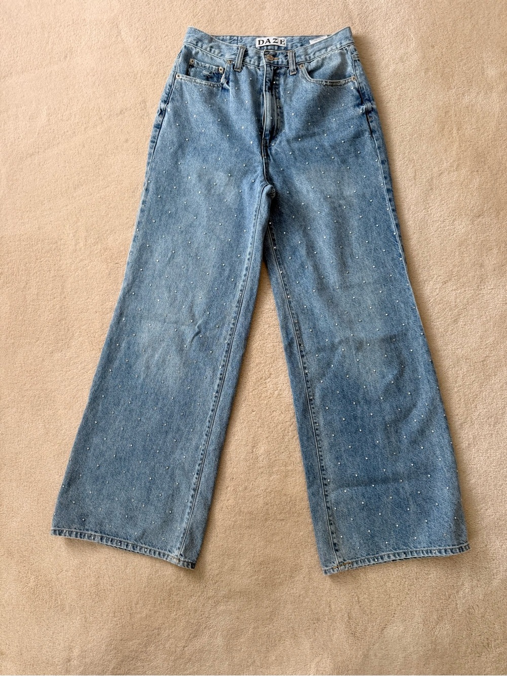 DAZE Light Blue Wide-Leg Jeans with Pearl Embellishment